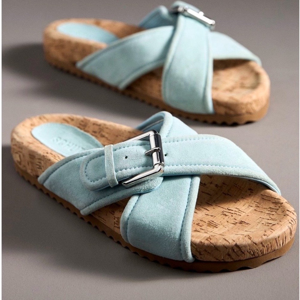 NWT Schultz Nairobi Sporty Suede Slide Sandals Blue 9.5 Cork Sole‎ $158 Buckle
